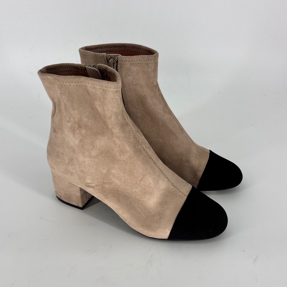 Linea Paolo Willis Ankle Boot Putty/Black Women Size 7 Suede Block Heel Side Zip